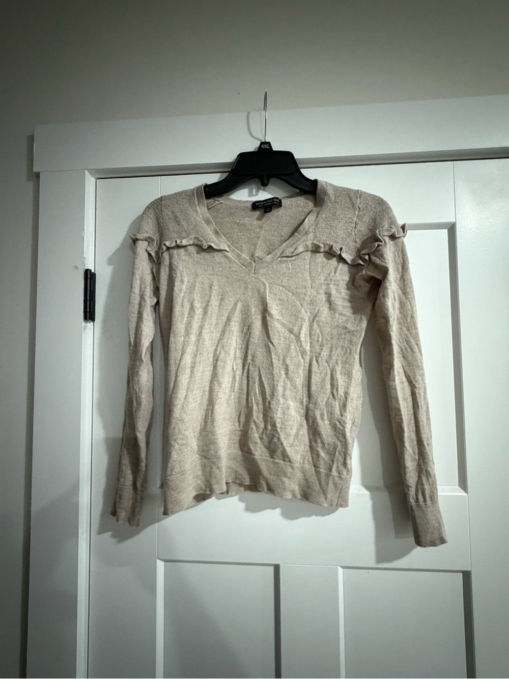 Banana Republic Beige Ruffle-Trim V-Neck Sweater
